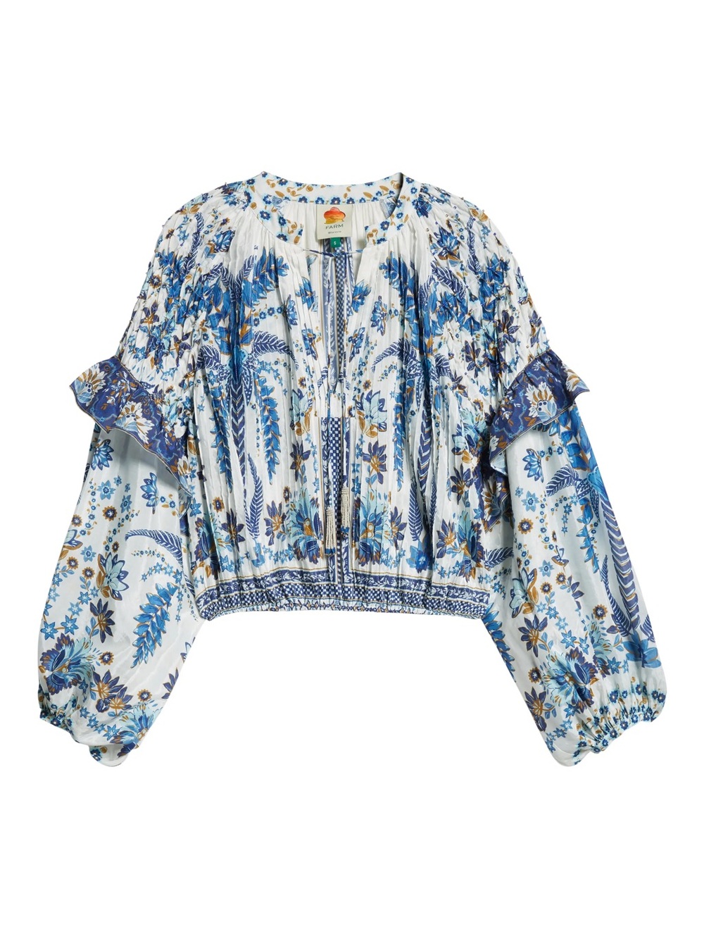 FARM Rio Ana Tapestry White & Blue Floral Smocked Peasant Blouse - Picture 4 of 7